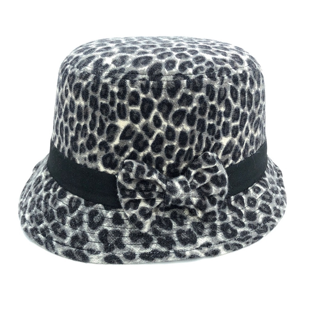 Women’s Grey Black White Leopard Animal Print Bucket Hat Side Bow